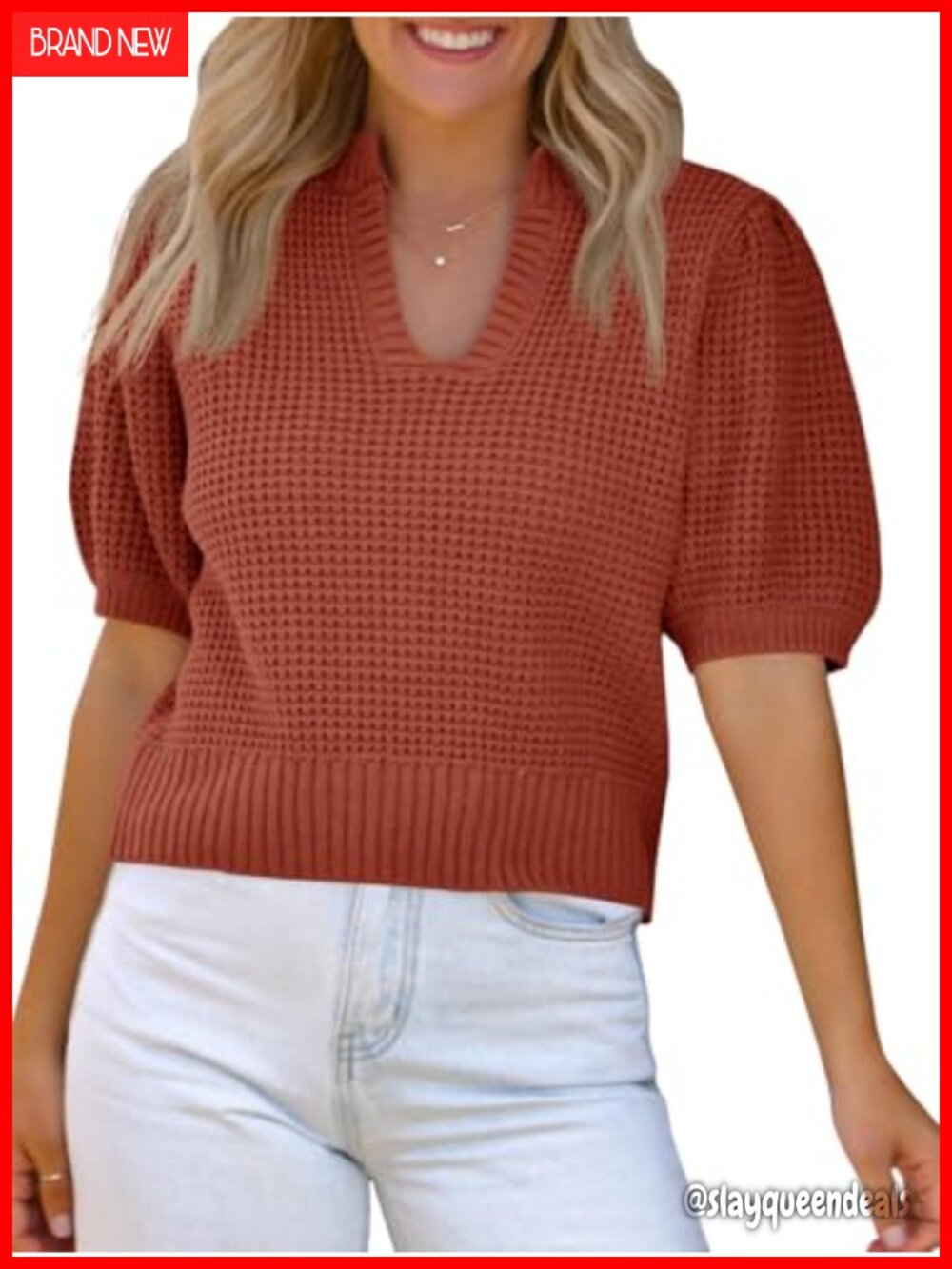 Waffle Knit Puff Short Sleeve Sweater Top V Neck Cropped Blouse